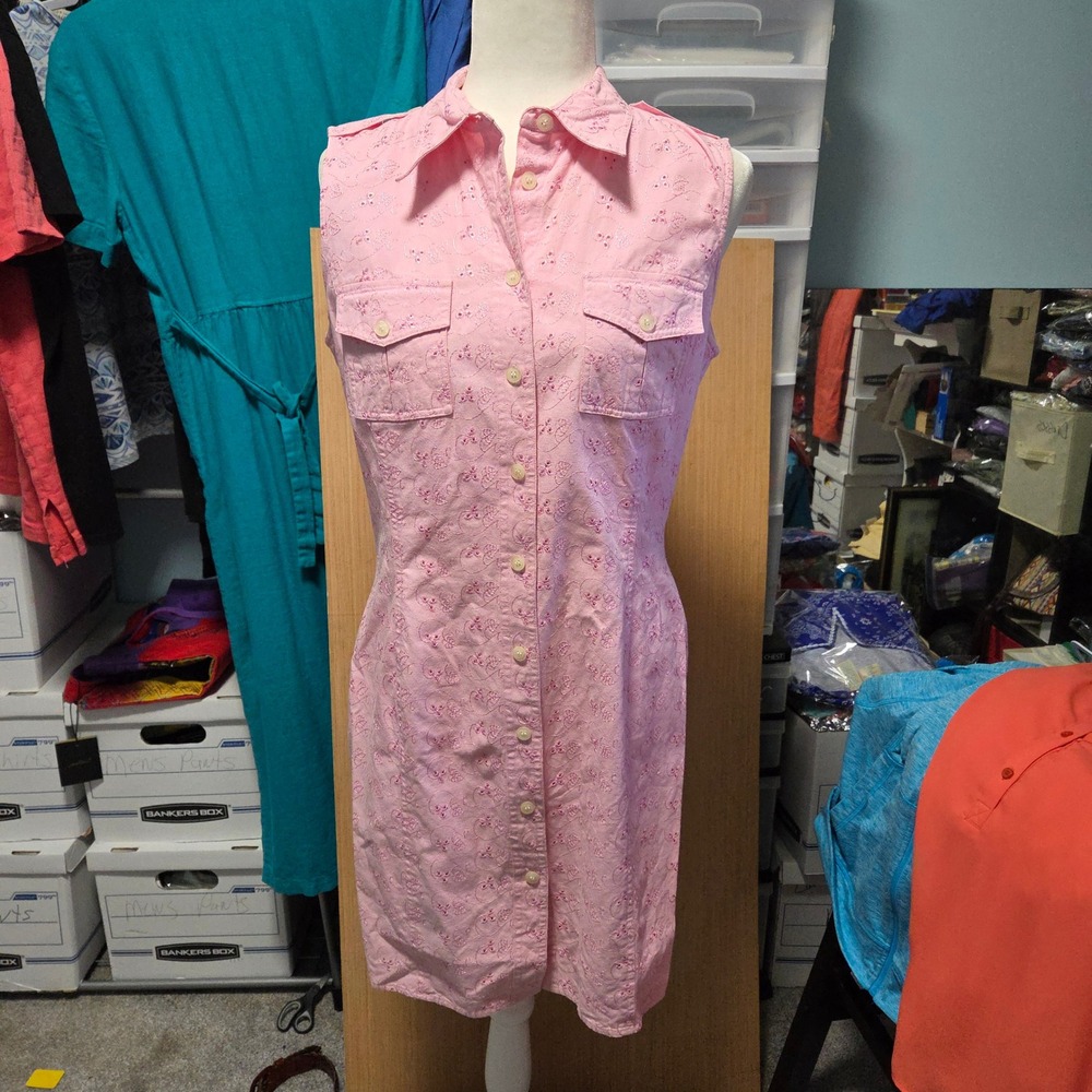 Finity Studio Sz 10 Vtg. Eyelet Dress Sleeveless Button Front Pink Shirt‎ Dress